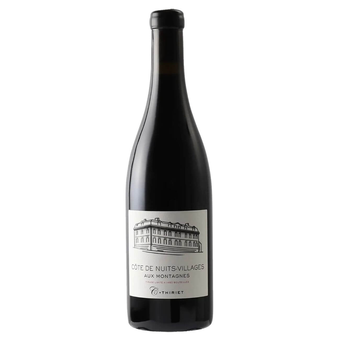 Maison C. Thiriet Côte de Nuits-Villages Rouge Aux Montagnes 2022 Bottle of red wine with a white label featuring a sketch of a building and the text Côte de Nuits-Villages Aux Montagnes