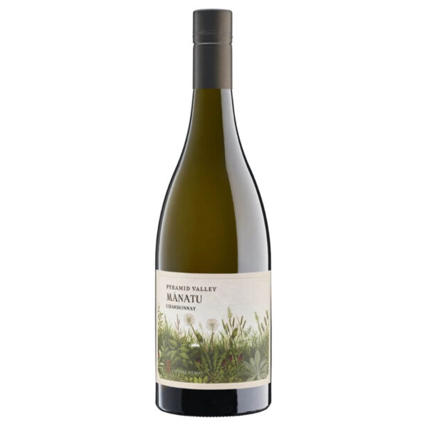 Wine bottle labeled Pyramid Valley Manatu Chardonnay with botanical illustration on cream label