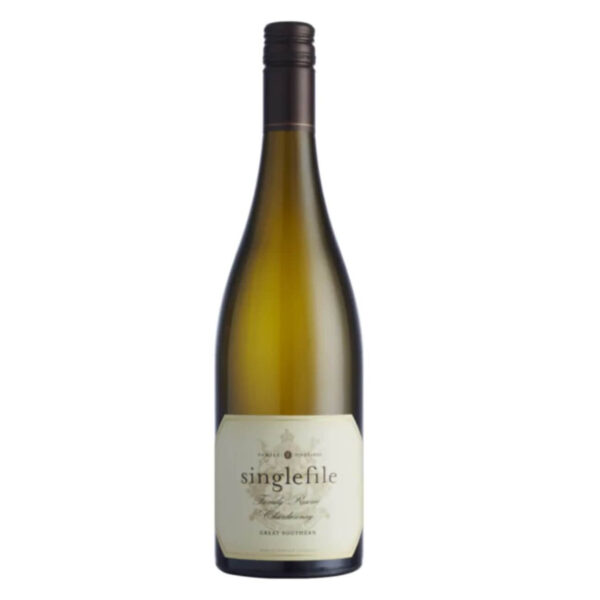 Bottle of Singlefile wine with cream label on a white background (full-length bottle). It’s a white wine from Great Southern.