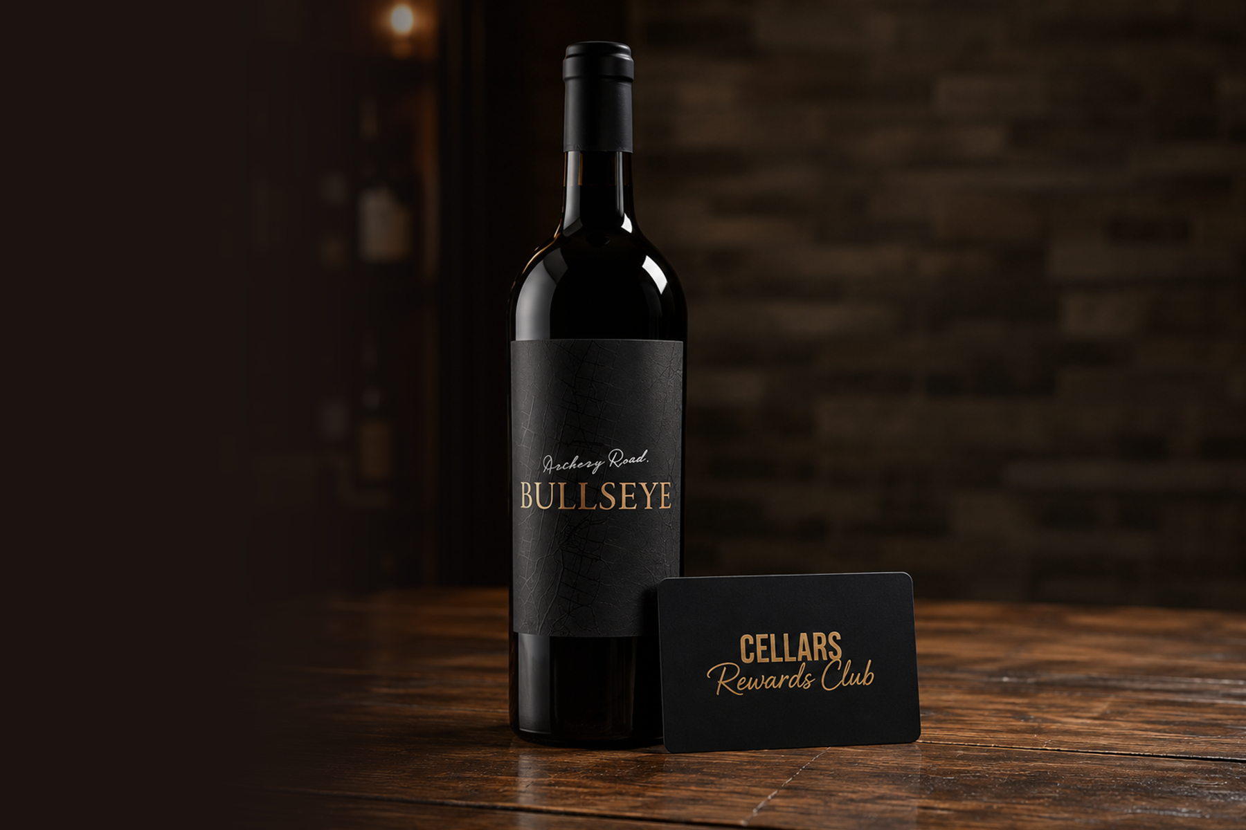 Archery Road Bullseye wine bottle with a Cellars Rewards Club membership card
